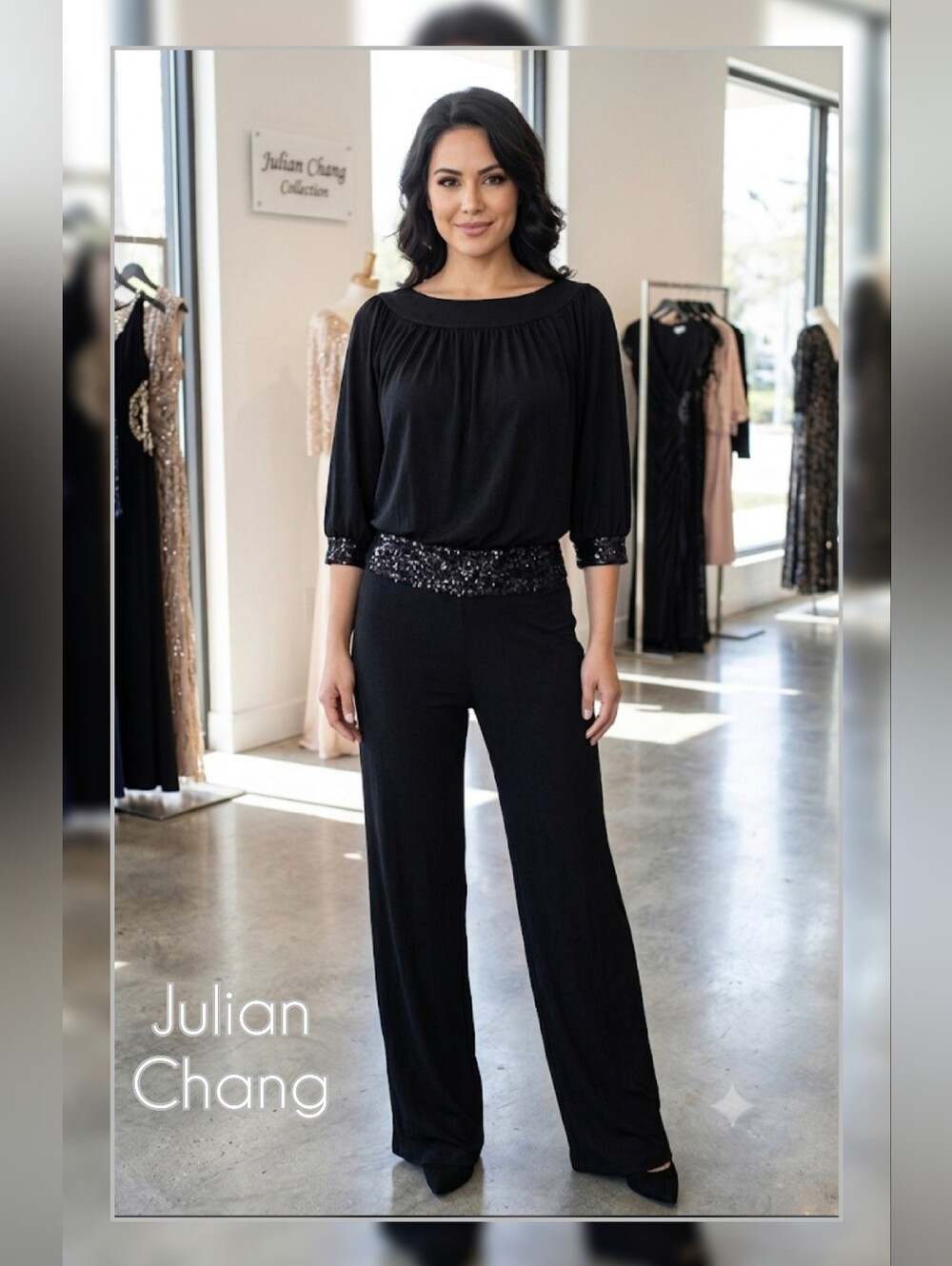 Julian Chang Sherry Black Sequin-Trim Jumpsuit Size M NWT